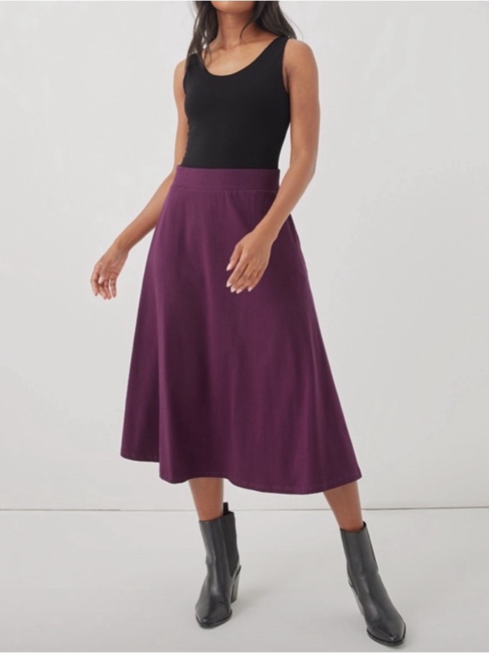 Pact Organic Cotton Fit & Flare A-Line Skirt Midi Length Size Large Plum Purple - Picture 2 of 9